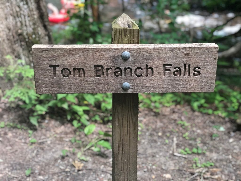 Tom Branch Falls Sign on the Deep Creek Waterfalls Hike