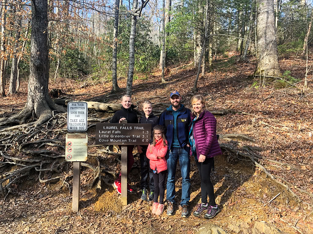 Family Picture at the Laurel Falls Trail sign