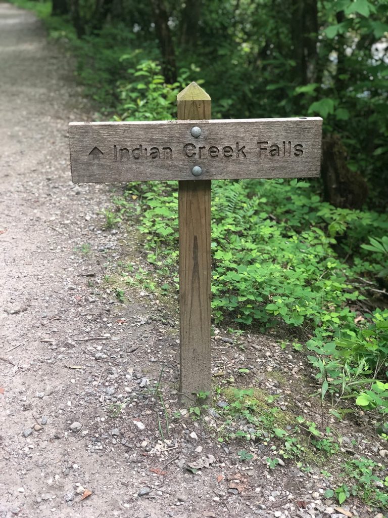 Indian Creek Falls sign on the Deep Creek Waterfalls Hike