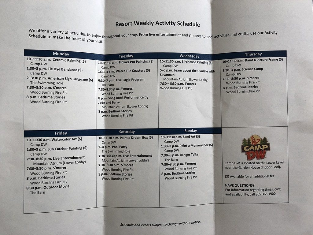 Dollywood's DreamMore Resort Weekly Schedule